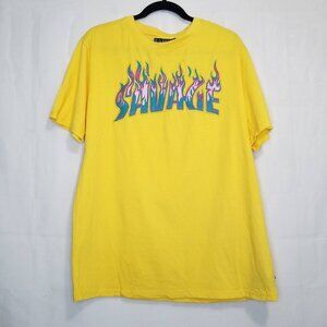 Men's Black Pike Embroidered Savage Spell out T-Shirt Yellow size XL Flaming Log